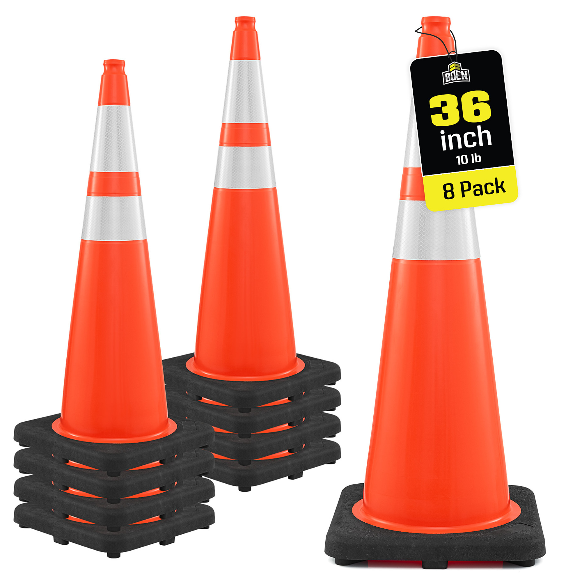 Boen 36 in, Orange Traffic Cones, 8-Pack, MUTCD Compliant Traffic Cones with 2 Reflective Collars & 10 lb. Base for Road Work, Parking & Traffic Control